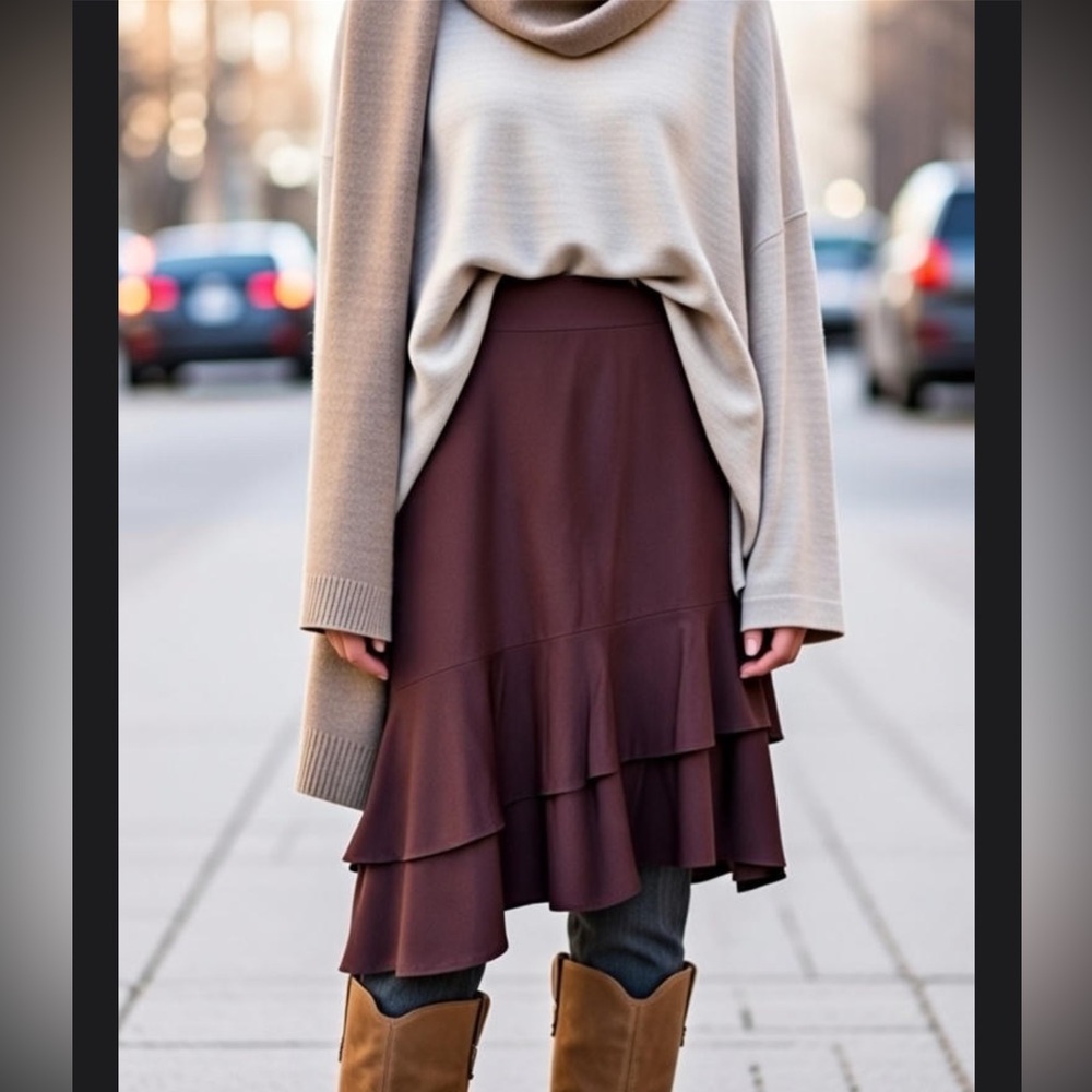 Oscar De La Renta Lagenlook Mocha Brown Linen Blend Asymmetrical Ruffle Skirt